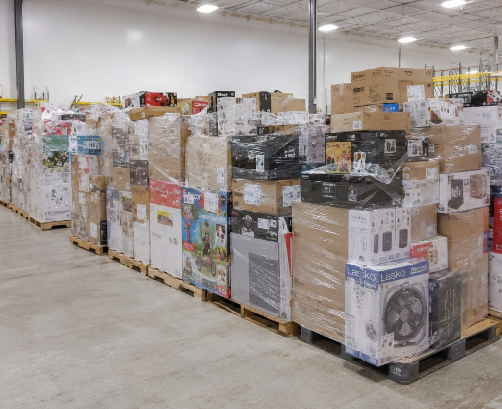 Pallets of shrink-wrapped liquidation and overstock merchandise ready for auction