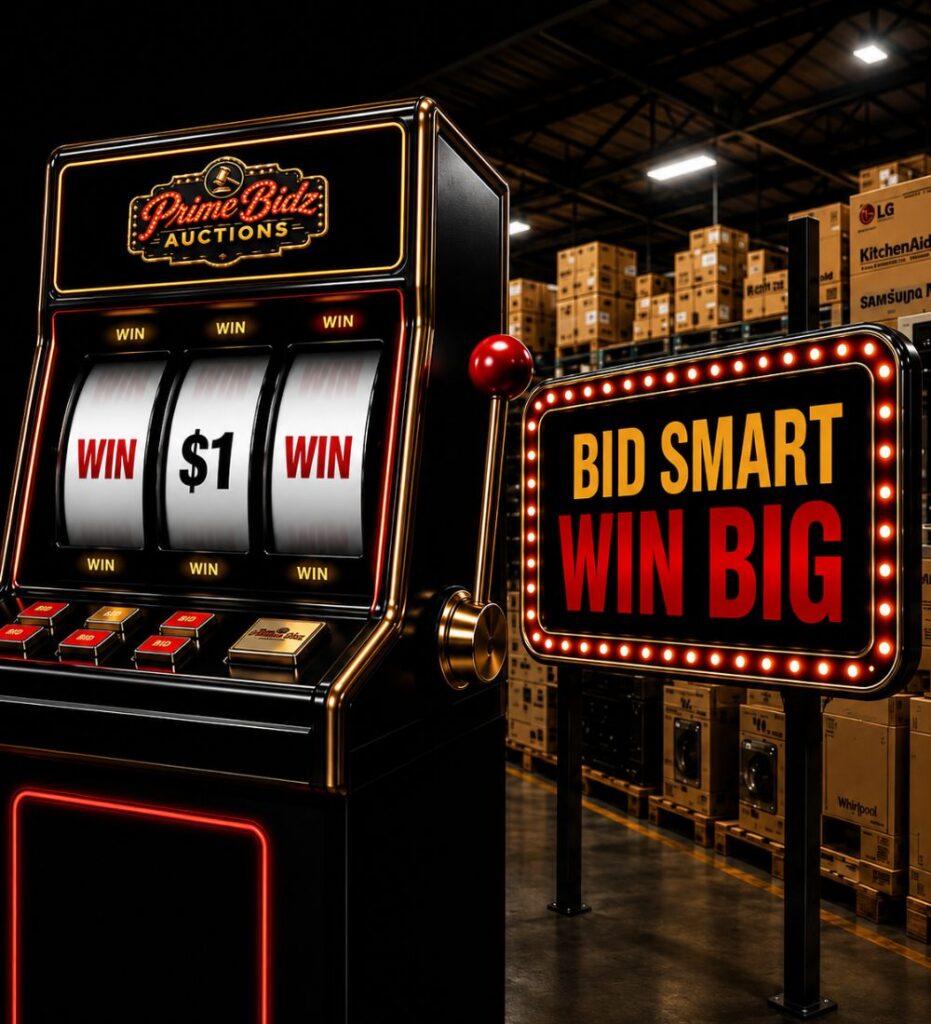 A Prime Bidz Auctions slot machine showing $1 on its reels beside an illuminated Bid Smart Win Big sign, in a warehouse stacked with overstock inventory